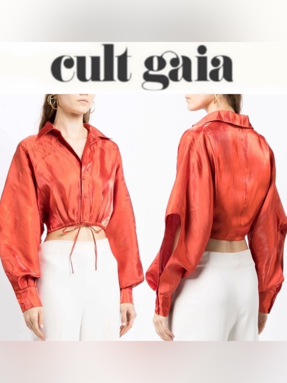 CULT GAIA Brinley Cropped Shirt Satin Drawstring Crop in Red-Orange L NWT $398